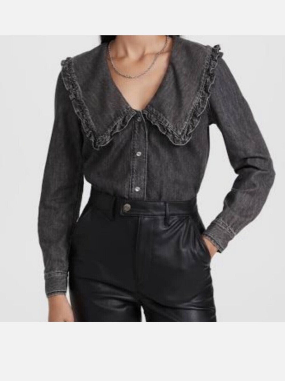 GANNI Ruffle Collar Denim Shirt Grey Women's Size 36 U.S. 4 Snap Front V-Neck